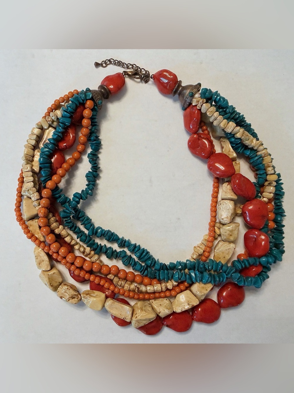 Multi-Strand Turquoise, Coral & Beige Beaded Necklace